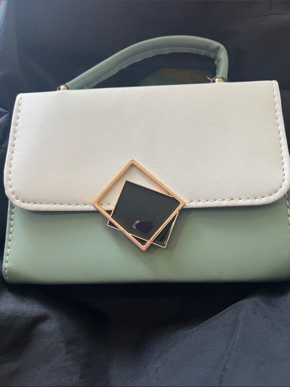 Two-Tone White and Sage Green Top-Handle Satchel with Geometric Accent